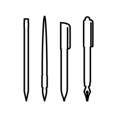 Set of writing tools: pencil, pen, brush. Vector illustration. Line silhouette on a white isolated background. Icon, logo