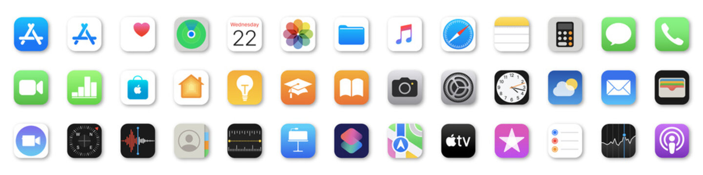 Iphone IOS 15 Apps set. Apple inc: iTunes, Apple Store, iMovie, iBooks, Apple TV, FaceTime... Editorial vector. Vector illustration EPS 10