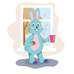 A rabbit character with a cookie and a cup in his hands is standing by the window. Autumn mood, November. Flat cartoon vector illustration