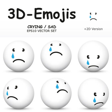 3D Emoji with CRYING - SAD Facial Expressions  in 6 Different 3D Perspectives -  EPS10 Vector Collection