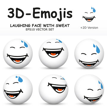 3D Emoji with LAUGHING FACE WITH SWEAT Facial Expressions  in 6 Different 3D Perspectives -  EPS10 Vector Collection