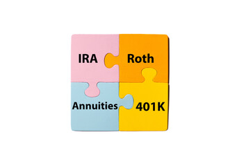 Jigsaw puzzle pieces of retirement savings and allocation of IRA, 401K, Roth and Annuities