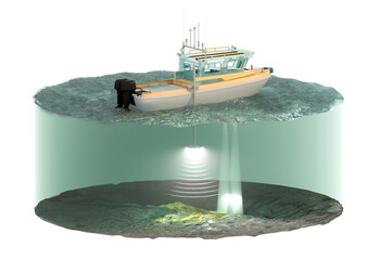 Scheme of a speedboat for measuring depth with a water section and bottom relief. Bathymetry. Isolated on white. 3d-rendering