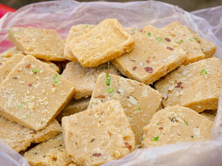 Besan Ki Chakki or Besan Barfi, a Traditional Sweet Dish in rural Indian village.
