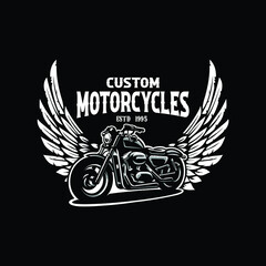 Custom motorcycles grunge emblem logo design vector on black background. Best for automotive tshirt design - obrazy, fototapety, plakaty