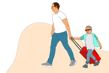 Family travel. Father and son at the airport. Happy family concept. Cartoon Family, illustration,
