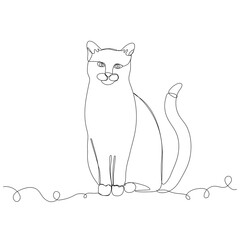 Cat. Single line drawing. Cat sitting with curl tail. Vector illustration