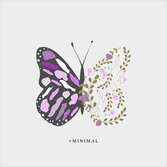 Vector illustration. Made in a flat style. Butterfly in half with colorful flowers. 