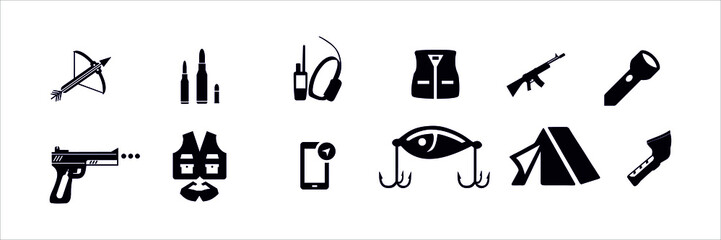Set icons Crossbows, slingshots, weapons, For dogs, Clothes for hunting, Hunting guns, Airguns, Sport shooting, Navigation aids, Fishing goods, Tourism goods, Flashlights, Electronic sensors. Vector