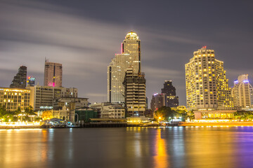 Klongsan,Bangkok,Thailand on February 18,2019:Beautiful night scene of Chao Phraya River and Bangkok skyline.
