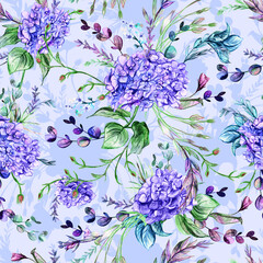 Vintage watercolor seamless pattern with hydrangea flowers on a blue background