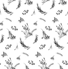Botanical seamless pattern with eustoma flowers drawn with a simple pencil on a white background