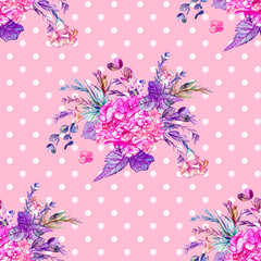seamless pattern with pink hydrangea flowers drawn in pencil on a delicate polka dot background