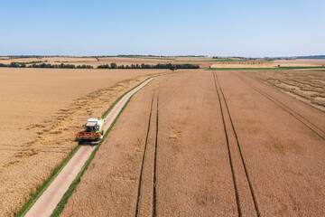 A combine harvester between grain fields on the way to the next harvest in Rhineland-Palatinate/Germany