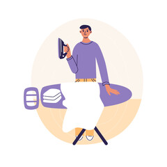 Man ironing in board and folding clothes at home. House husband doing daily routine home work. Flat cartoon vector illustrtion, trendy colors, isolated on white background