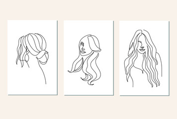 Woman Line Art Minimalist Logo. Nature Organic Cosmetics Makeup Hair stylist.  Feminine Illustration line drawing. Woman face with beautiful hair.  Woman portrait. Abstract Modern surreal continuous