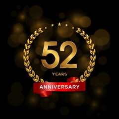 52 years anniversary logo with golden laurel and red ribbon for booklet, leaflet, magazine, brochure poster, banner, web, invitation or greeting card. Vector illustrations.