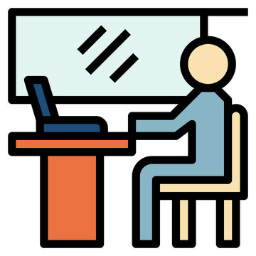 person working laptop desk window office clip art preview