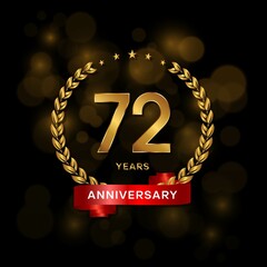 72 years anniversary logo with golden laurel and red ribbon for booklet, leaflet, magazine, brochure poster, banner, web, invitation or greeting card. Vector illustrations.