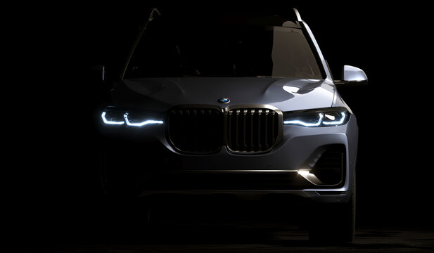 Almaty, Kazakhstan, June 2022: luxury car BMW X7 isolated on the dakr background. 3d render