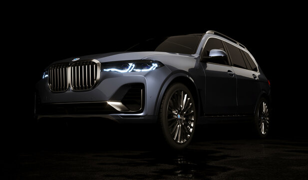 Almaty, Kazakhstan, June 2022: luxury car BMW X7 isolated on the dakr background. 3d render