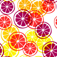 Seamless citrus pattern. Summer background with juicy fruits: lemon, orange, grapefruit. Vector  color background.
