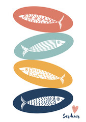 Cute sardines. Vintage greeting card.