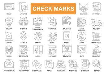 Check marks concept simple line icons set. Bundle of email, shield, hand, presentation, target, money, approved, reply, contract and other. Vector pack outline symbols for website or mobile app design