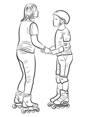 Outline drawing of two teenagers standing on roller skates