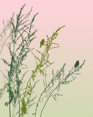 Nature background of silhouettes birds on wildflowers against morning sky