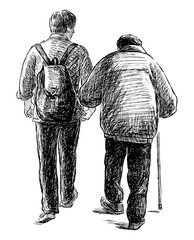 Sketch of young man with his old parent walking outdoors