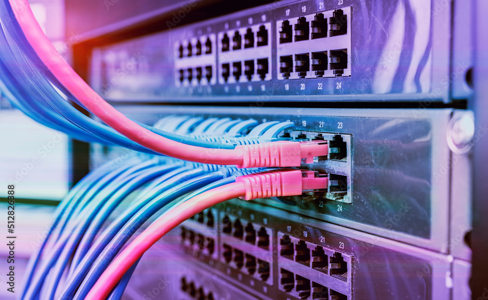 Wall mural information technology computer network, telecommunication ethernet cables connected to internet swi