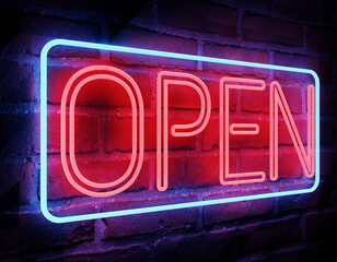 Neon open sign on brick wall background. Bright blue red lamp electric illuminated decoration, 3D illustration