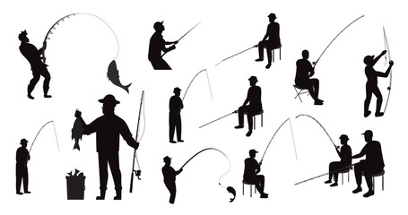  Fisherman is fishing a man with a fishing rod pulls silhouettes premium vector 
