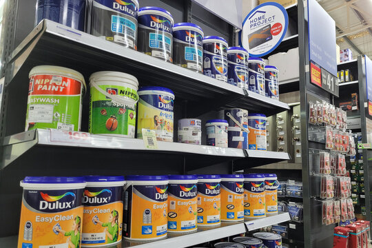 PENANG, MALAYSIA - 18 JUNE 2022: Wide range of paints, building materials and hardware in HomePro, Penang. HomePro is a hypermarket of home product and building construction in Malaysia.