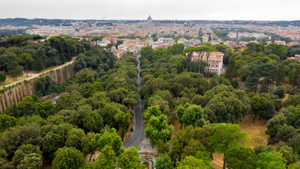 Fototapeta na wymiar Aerial view of Villa Borghese, a landscape garden in Rome, Italy. In the park there are buildings, museums and attractions.