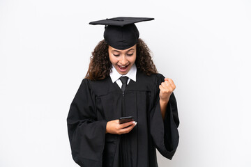 Young university graduate Arab woman isolated on white background surprised and sending a message