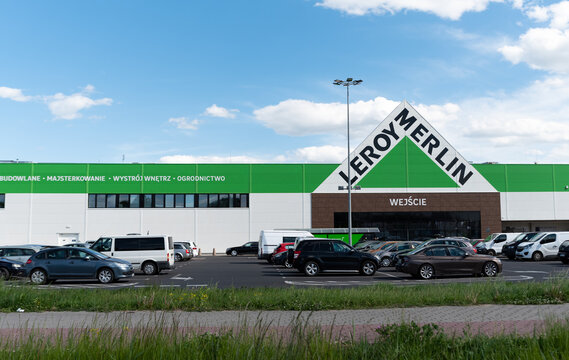 Legionowo, Poland - May 17, 2022: Leroy Merlin store with building and decorative materials. Parking and entrance to the Leroy Merlin store.