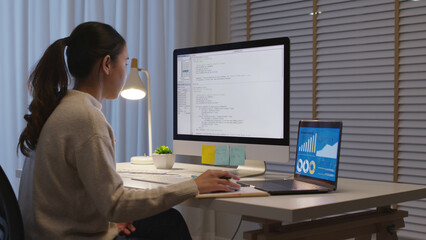 Asia people MBA college woman work busy at late night home office online study laptop typing coding search data for future job career reskill upskill in workforce IT cyber class remote virtual learn.