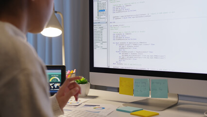Asia people MBA college woman work busy at late night home office online study laptop typing coding search data for future job career reskill upskill in workforce IT cyber class remote virtual learn.