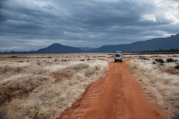 Safari tour in Afrika, Kenia, Wüste, Gras, Auto, Landschaft, einsam