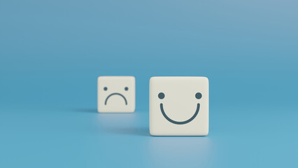 Smiley face and blurred sad face icon on cube, Service rating, Positive satisfaction concept, Positive mindset, 3D rendering 