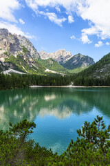 Naklejka na ściany i meble Lago di Braies, beautiful lake in the Dolomites