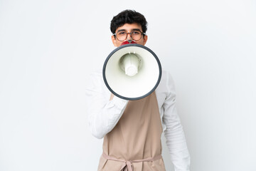 Restaurant Argentinian waiter isolated on white background shouting through a megaphone