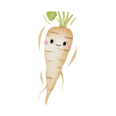 Watercolor cute turnip cartoon character. Vector illustration.