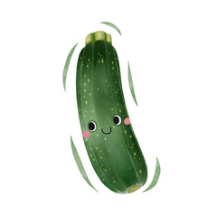Watercolor cute zucchini cartoon character. Vector illustration.