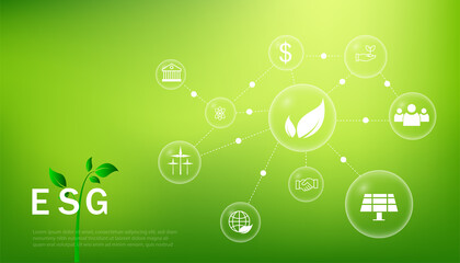 ESG icon. concept of business trend. environmental, social, and governance in sustainable and ethical business on the Network connection. with globe
on a green background.