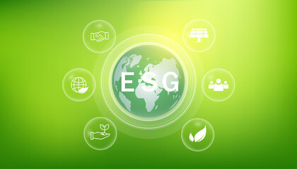 ESG icon. concept of business trend. environmental, social, and governance in sustainable and ethical business on the Network connection. with globe
on a green background.