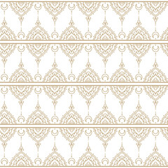 Vector seamless pattern mehndi, ethnic, indian, oriental, arabic style. Gold and white geometric background.