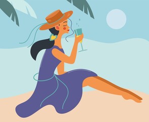 Obraz premium Young woman drinking wine or juice on the beach. A brunette in a hat is resting on the sea. Vector illustration of a dark-haired girl with a cocktail. Flat banner cover poster. Summer holidays, dreams